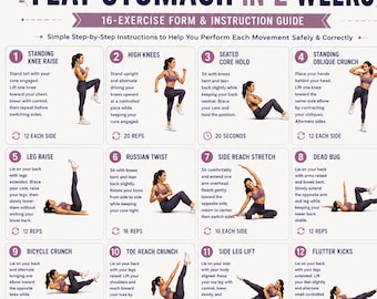 Flat Stomach in 2 Weeks Printable | 14 Day Core Workout Challenge | 16 Ab Exercises Chart | Home Core Workout for Women | Instant Download