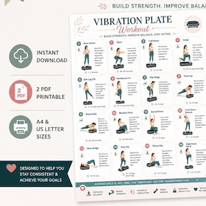 Può includere: Un pacchetto di esercizi per pedana vibrante che include una guida con sedici esercizi illustrati e un tracker settimanale. I documenti contengono testo, icone e una tavolozza di colori blu scuro, rosa tenue e verde salvia.