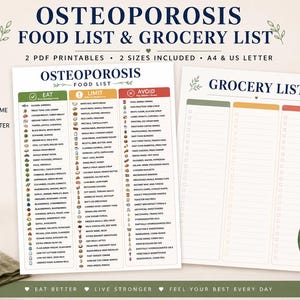 May include: A digital printable set featuring an Osteoporosis Food List and a Grocery List. The food list is organized into Eat, Limit, and Avoid columns with icons. The grocery list has three blank columns with checkboxes. Text includes Osteoporosis Food List & Grocery List, 2 PDF Printables, 2 Sizes Included, A4 & US Letter, and Bonus 30-Day Wellness Planner.