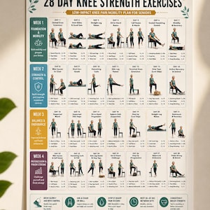 May include: A 28-day knee strength exercise chart featuring a grid of illustrations showing various physical movements for mobility and pain management. The poster includes daily instructions, weekly goals, and safety tips with text in English.