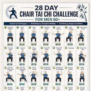 May include: A 28-day chair Tai Chi challenge poster featuring a grid of 28 numbered illustrations showing a person in a blue shirt and dark pants performing seated exercises. The title reads 28 Day Chair Tai Chi Challenge For Men 60+.