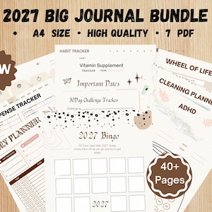 Peut inclure: Un ensemble de journaux 2027 comprenant 7 pages PDF au format A4, incluant un suivi des dépenses, un planificateur quotidien, un suivi des habitudes, un suivi des vitamines, des dates importantes, un défi de 30 jours, une roue de vie et bingo 2027.