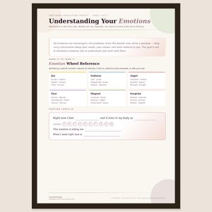 May include: An emotional regulation worksheet titled Understanding Your Emotions, featuring an Emotion Wheel Reference with categories like Joy, Sadness, Anger, Fear, Disgust, and Surprise, plus an Emotion Check-In section with fillable lines.