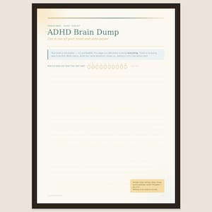 Puede incluir: Una hoja de trabajo ADHD Brain Dump enmarcada con un borde oscuro. La página incluye el título, un texto sobre la sobrecarga mental, una escala de diez círculos para medir la saturación, líneas para escribir y un pequeño recuadro informativo.