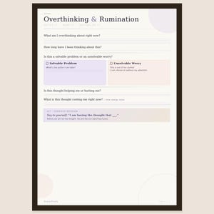 May include: A printable worksheet titled Overthinking & Rumination with sections for reflection including What am I overthinking about right now, Solvable Problem, Unsolvable Worry, and a cognitive defusion exercise to say I am having the thought that.