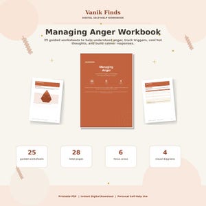 Può includere: Un quaderno di esercizi digitale di auto-aiuto intitolato Managing Anger Workbook di Vanik Finds. Il set include 25 schede guidate, 28 pagine totali, 6 aree di interesse e 4 diagrammi visivi. La copertina è color ruggine con testo bianco.