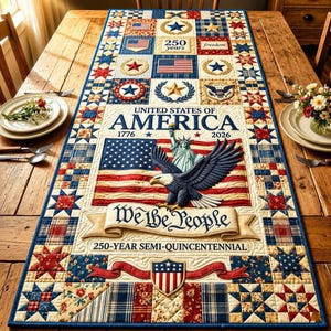 Commemorate America 250 Years Table Runner, USA 250th Anniversary Quilted Tablecloth, 1776-2026 Semiquincentennial, 4th Of July Dining Decor