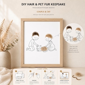 Può includere: Un kit di arte murale stampabile fai-da-te per conservare ciocche di capelli e pelo di animali, con un disegno al tratto di una coppia e un gatto. Il design include istruzioni per aggiungere pelo vero alle figure. Testo: DIY HAIR & PET FUR KEEPSAKE.