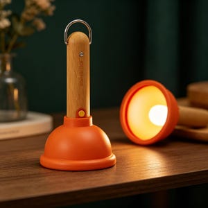 May include: A portable lamp with a light wood handle and a bright orange dome-shaped base. The lamp features a silver metal hanging loop at the top, a small yellow power button, and a glowing white light bulb visible within the orange shade.