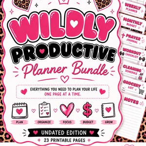 Pode incluir: Um conjunto de planejadores Wildly Productive com 23 páginas imprimíveis de 21,59 x 27,94 cm. A capa branca tem texto em rosa e preto, corações, uma coroa e estampa de leopardo. Inclui seções para planejamento mensal, semanal, orçamento, oração, exercícios e compras.