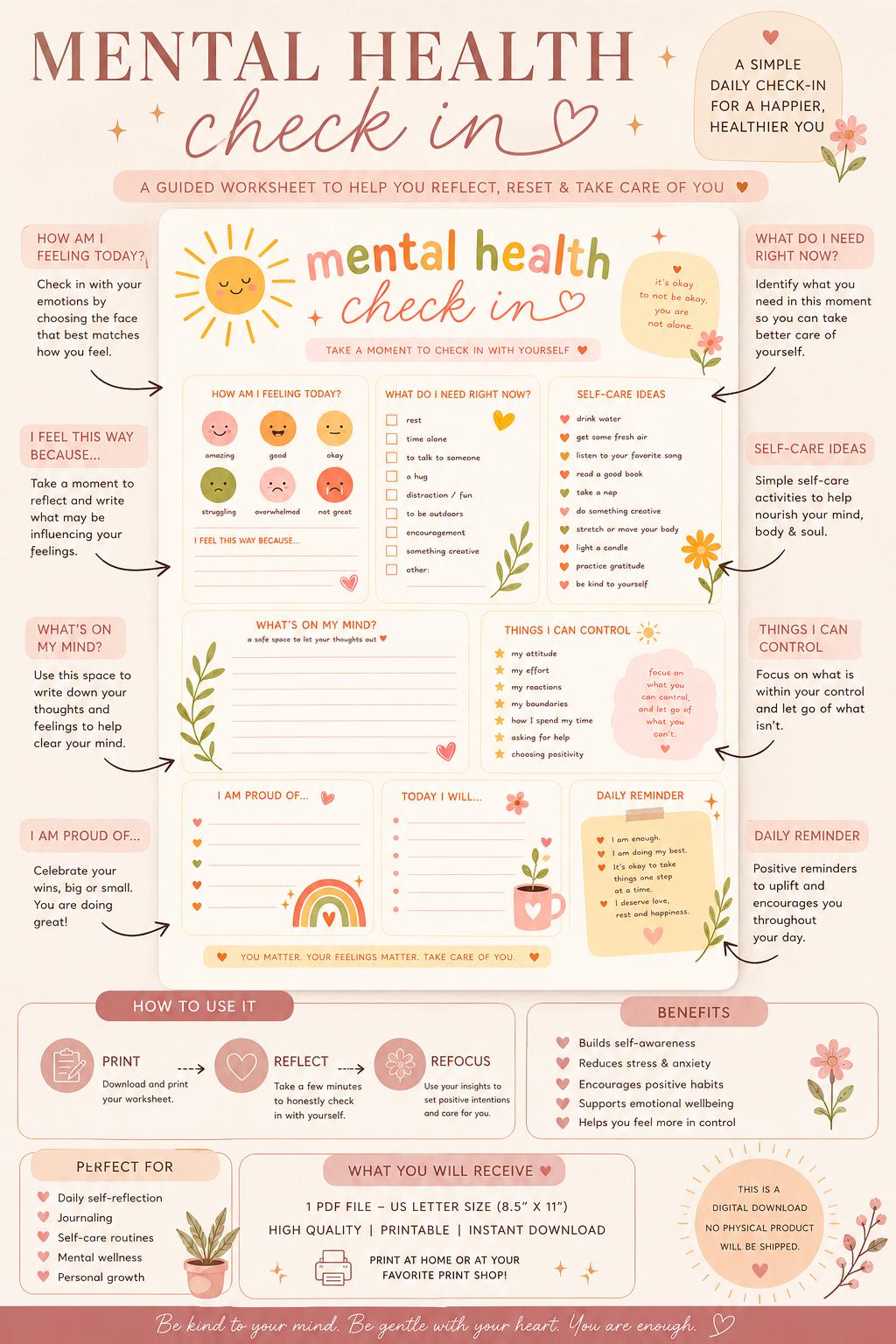 Mental Health Check In Printable Self Care Worksheet Emotional Wellness Journal Page 