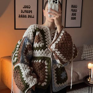 Handmade Mosaic Crochet Cardigan - Granny Square Patchwork Sweater - Artisan Boho Jacket - Chunky Handcrafted Knitwear - Mosaic Collection