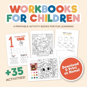 Puede incluir: Cuatro páginas de actividades imprimibles para niños con trazo de números, coloreado de animales, dibujo de manzanas y un oso para colorear por números. El texto dice WORKBOOKS FOR CHILDREN, 4 PRINTABLE ACTIVITY BOOKS FOR FUN LEARNING!, +35 ACTIVITIES! y Download & Print at Home!