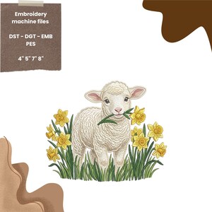 水仙の花と子羊の刺繍デザイン、春の農場動物のミシン刺繍ファイル、かわいい羊のエプロンの刺繍