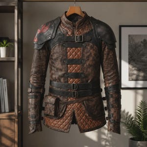 May include: A brown and black leather jacket featuring a quilted pattern on the chest and lower panels, shoulder armor plates with a red emblem, multiple buckled straps across the front and forearms, and a small attached utility pouch.