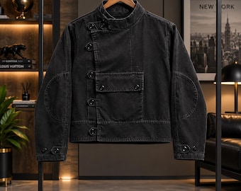 Handmade 1960s Black Fencing Crop Jacket | Unisex Vintage Asymmetrical Side Button Streetwear Cotton Coat