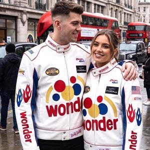Pode incluir: Duas jaquetas de corrida brancas com gráficos circulares vermelhos, amarelos e azuis no peito com a palavra wonder impressa em vermelho. As jaquetas incluem logotipos da NASCAR Nextel Cup Series, Powerade e Dennit Racing, com chamas nas mangas.