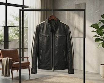 Handmade White Striped Cafe Racer Jacket | Unisex Vintage Stand Collar Black Leather Biker Casual Streetwear Outfit