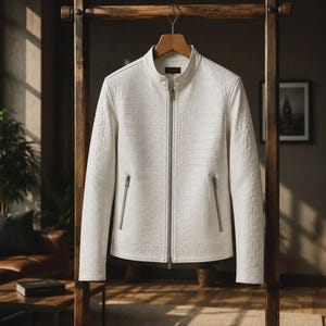 May include: A white jacket with a textured crocodile-embossed pattern, featuring a stand-up collar, a full-length silver-toned front zipper, and two vertical zippered pockets on the front, all hanging on a wooden hanger.