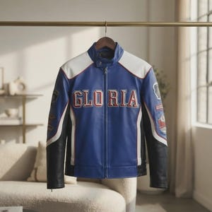 Handgjord Färgblockerad Broderad Läderjacka | Unisex Blå och Vit Hip Hop Streetwear Patches Letterman Bomber Kostym