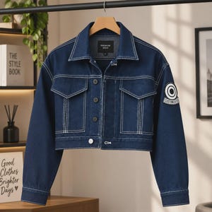Peut inclure: Une veste en jean bleu foncé avec des surpiqûres blanches contrastées, un col classique et une fermeture boutonnée. La veste présente deux poches poitrine et un écusson circulaire sur la manche gauche avec le texte CUSTOMIZATION.
