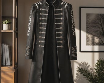 Casaco de Couro Cosplay DMC 5 Feito à Mão | Trench Coat Longo de Couro para Jogos Inspirado no Vergil, Estilo Unissex