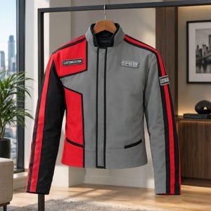 Op de afbeelding: Een grijze, rode en zwarte jas met een hoge kraag, lange mouwen met rode en zwarte strepen en een rechthoekige patch op de borst met de tekst CUSTOMIZATION. Een klein rechthoekig metalen detail bevindt zich op de rechterbovenkant van de borst.