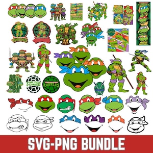 Op de afbeelding: Een digitale collectie Teenage Mutant Ninja Turtles-afbeeldingen met diverse personagehoudingen, gezichtsuitdrukkingen en logo's in kleur en zwart-wit lijntekeningen. De bundel bevat individuele schildpadden, groepsfoto's en tekstelementen.