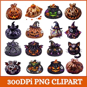 Peut inclure: Une collection de seize illustrations numériques représentant des personnages et objets sur le thème d'Halloween, incluant des citrouilles, des chapeaux de sorcière violets, des chats noirs, des crânes et des chaudrons aux textures pailletées.