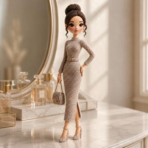 May include: A handcrafted crochet doll with dark brown hair styled in a high bun, wearing a long-sleeved beige midi dress with a matching belt and side slit. The doll holds a small beige handbag and wears matching beige heels, featuring detailed facial features.