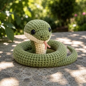 May include: A coiled crochet snake toy featuring a textured olive green body, a cream-colored underside, large black plastic eyes, and a small pink forked tongue protruding from its mouth. The snake is crafted with visible yarn stitches.