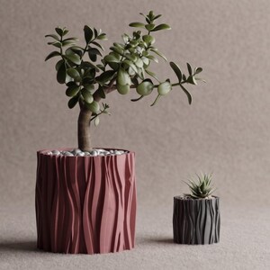 May include: A large dusty rose cylindrical planter with a vertical wavy texture containing a jade plant and a smaller charcoal gray cylindrical planter with a matching vertical wavy texture containing a small succulent, both topped with white pebbles.