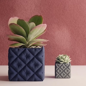 May include: A large dark blue square planter with a tufted diamond pattern containing a green succulent and a smaller gray square planter with a matching tufted diamond pattern containing a smaller green succulent, both featuring white pebbles.