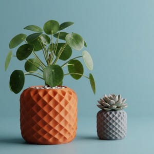 Può includere: Un grande vaso cilindrico arancione con un motivo a rombi testurizzato contenente una pianta di Pilea peperomioides verde e un vaso cilindrico grigio più piccolo con un motivo a rombi abbinato contenente una piccola pianta succulenta verde.