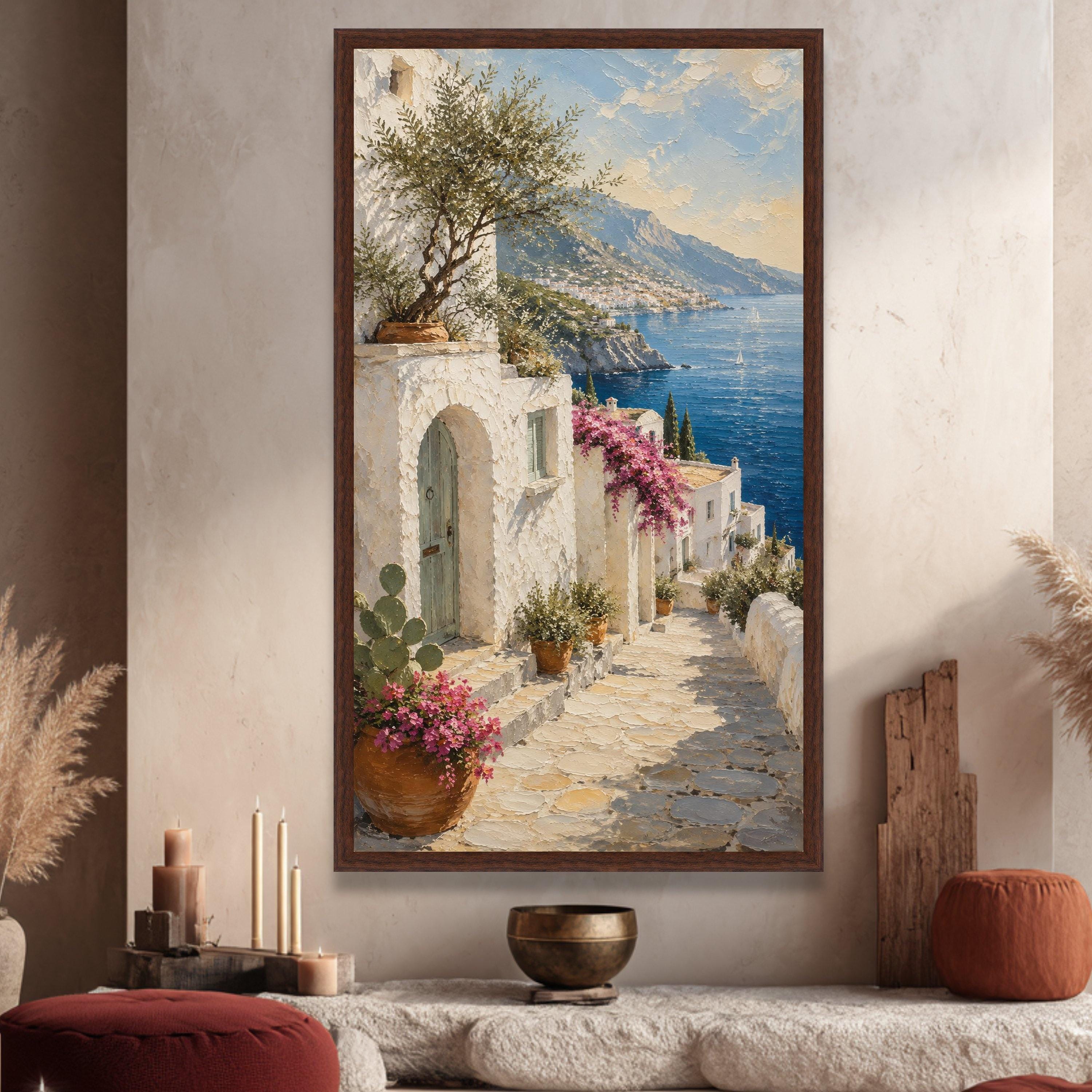 Mediterranean Coastal Village Pathway Canvas, Seaside Landscape