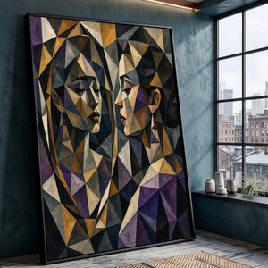May include: A large rectangular framed wall art piece featuring a geometric, cubist-style painting of two faces in profile, rendered in a palette of deep purple, ochre, gold, and dark grey triangular shapes, set within a thin black frame.