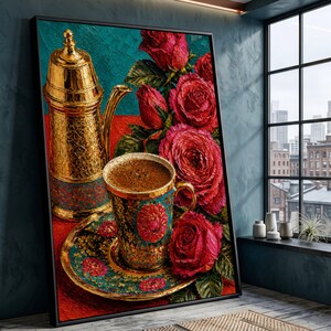 May include: A framed wall art print featuring a golden coffee pot and a matching cup and saucer set on a red surface. The scene is decorated with vibrant red roses and green leaves, set against a deep teal background with textured brushstrokes.