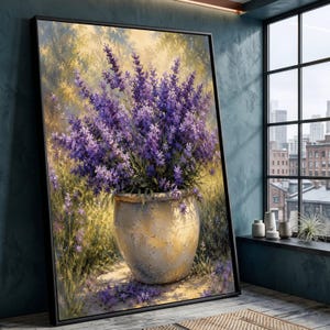 May include: A framed wall art print featuring a painting of a large, weathered, light-colored ceramic pot filled with vibrant purple lavender flowers. The background depicts a soft, sunlit garden scene with golden yellow and green foliage.