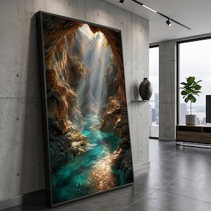Sonnenbeschienene Bergschlucht, kristallklares Wasser Leinwand, Höhlenbach Wandkunst, Natur Landschaft Leinwand, ruhige Außenszene, Inneneinrichtung