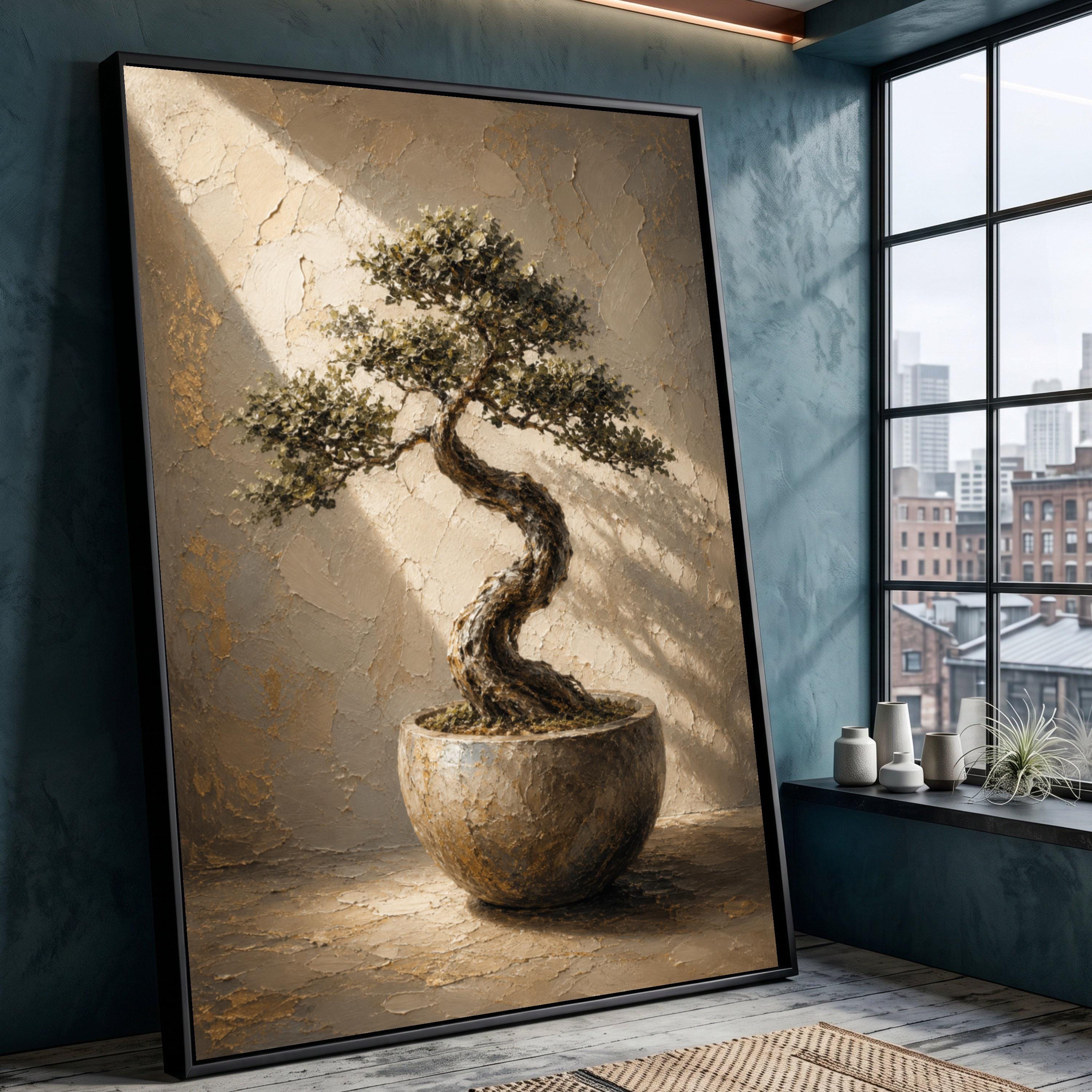 Elegant Bonsai Tree Canvas Wall Art, Curved Trunk Plant Decor