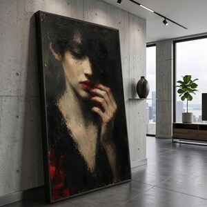 Moody Portrait of Woman with Red Lips Canvas, Dark Elegant Female Face Wall Art, Dramatic Expression Canvas, Modern Home Decoration