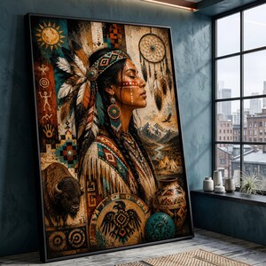 Lienzo con retrato de mujer nativa americana, arte mural con plumas tribales, decoración de atrapasueños, lienzo rústico del suroeste, obra de arte de la cultura indígena