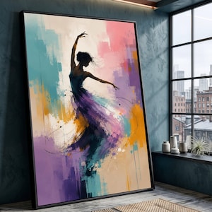 Toile élégante de danse de ballerine, silhouette de femme abstraite, oeuvre d'art murale mouvement coloré, décoration de maison moderne, toile de ballet gracieuse