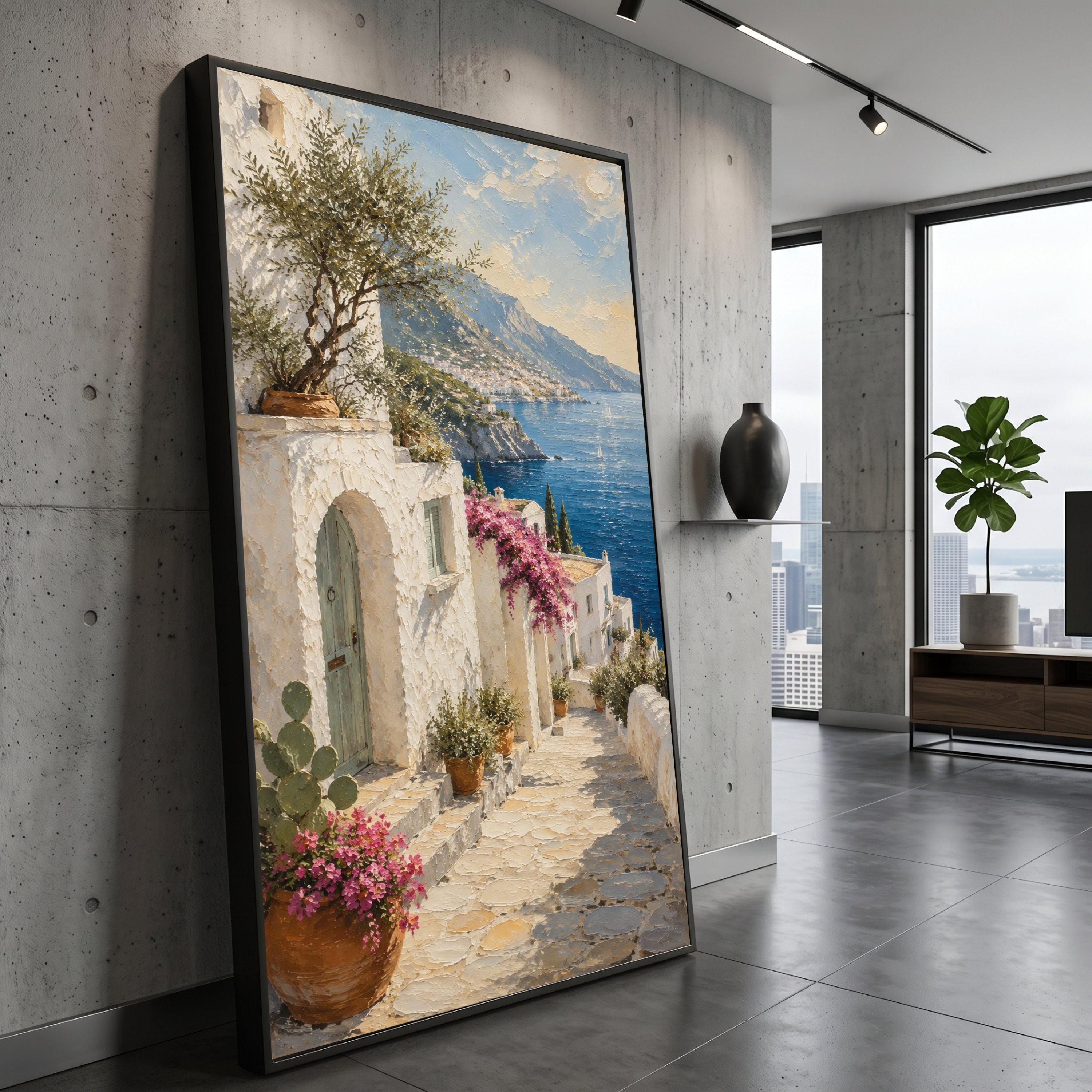 Mediterranean Coastal Village Pathway Canvas, Seaside Landscape