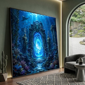 May include: A large rectangular wall art print depicting an underwater scene with a glowing blue portal framed by stone arches and statues holding tridents. The scene features vibrant coral reefs, various fish, and a manta ray in deep blue water.