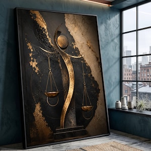 Abstract Gold Balance Scales Canvas, Modern Metallic Sculpture Wall Art, Luxury Home Decor, Artistic Justice Symbol Canvas