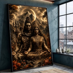 May include: A framed wall art print depicting the Hindu deities Shiva and Parvati in a meditative pose. Shiva holds a trident, while both figures are surrounded by a mountainous landscape, a crescent moon, and orange flowers in a golden hue.
