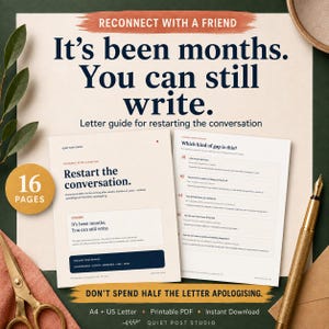 Op de afbeelding: Een 16-pagina tellende printbare briefgids getiteld Reconnect with a Friend, met de tekst It's been months. You can still write. Het document bevat strategieën voor het hervatten van gesprekken, een Quiet Post Method sectie en verschillende soorten hiaten.