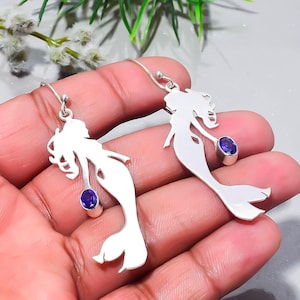 Natural Amethyst Mermaid Earrings Sterling Silver, Purple Gemstone Dangle Earrings, February Birthstone Jewelry, Handmade Beach Gift for Her