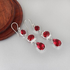 Natural Garnet Drop Earrings, 925 Sterling Silver 3 Tier Dangle Earrings, January Birthstone Jewelry, Red Gemstone Earrings Gift for Her